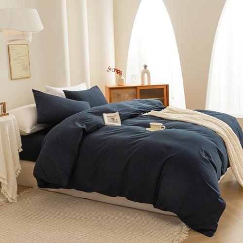 Image of ECOCOTT Navy Blue Duvet Cover Super Queen Size - 100% Washed Cotton Durable Soft Comfy Bedding Set, 3 Pieces Duvet Cover with Zipper Closure (Navy Blue, 98''x90'')