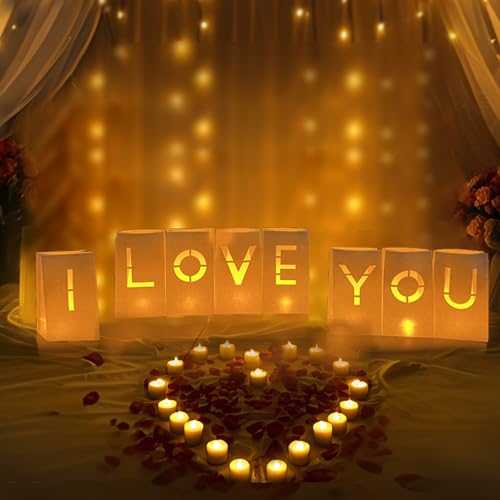 Image of I Love You Sign Letter - I Love You Sign Light Up Letters, Romantic Proposal Anniversary Decorations for Valentines Day Special Night, Luminary Paper Bags with Tea Lights Candles Rose Petals