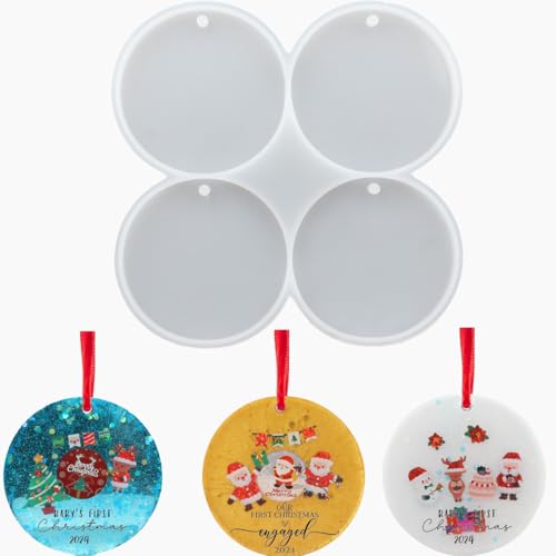 FYJS 4-Cavity Christmas Ornaments Resin Molds with Hole Round Silicone Coaster Molds for Epoxy Resin Christmas Tree Decorations