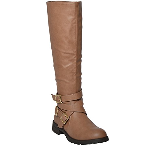 RP By KSC Womens Knee High Boots Accented Ankle Chain Crisscrossed Strap Buckles Tan SZ 9
