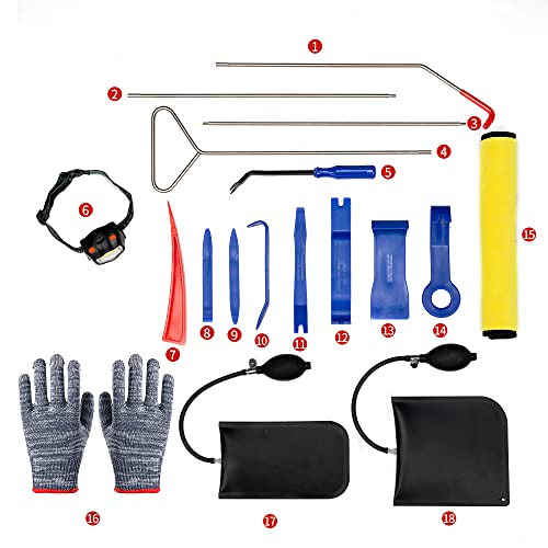 JHACM Car Unlock Tool Kit 18PC with Non Marring Wedge Bag Pump, Long Reach Grab Tools, Auto Trim Removal Tool - Professional car Lockout kit pop a Lock for All Cars