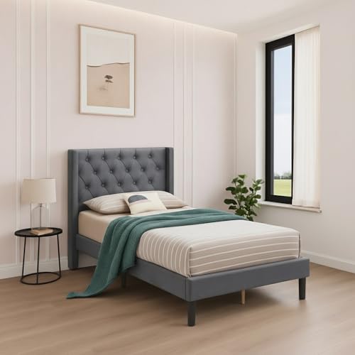 Image of Wooden Upholstered Bed Single Size Without Storage | Wrought Iron Single Size Cot with Headboard | Upholstered Bed for Bedroom | Palang Furniture for Living Room, Grey Finish-1 (75x48)