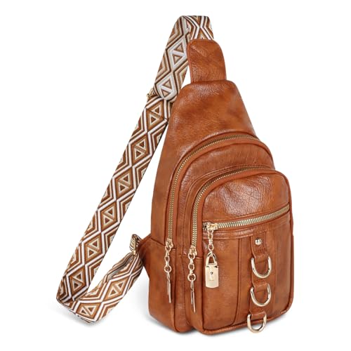 Relang Sling Bag for Women Crossbody, Leather Cross Body Fanny Packs for Women, Trendy Chest Bag for Travel and Daily Use Brown Gold External Buckle
