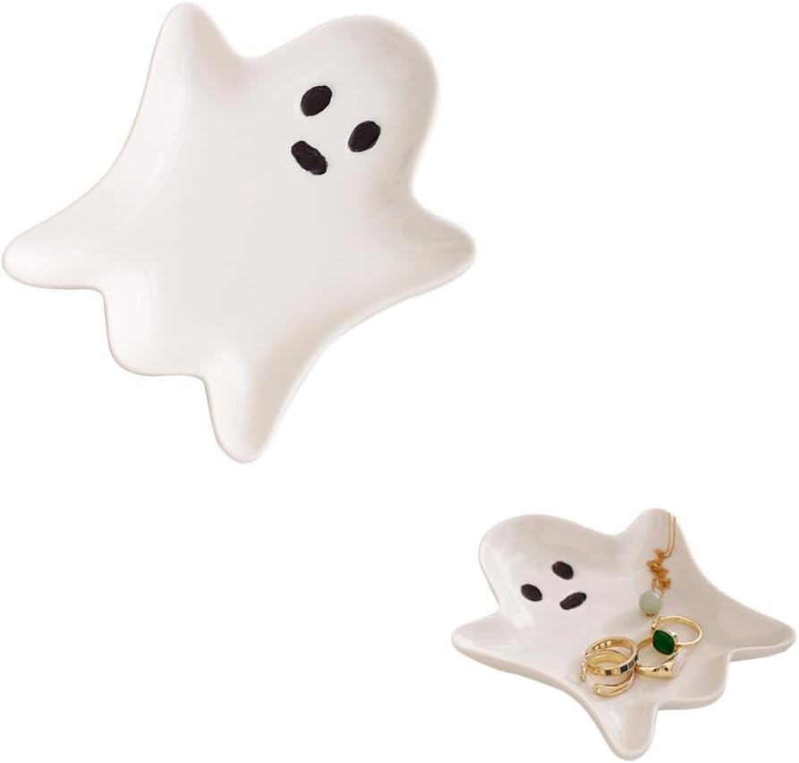 Ceramic Ghost Jewelry Tray Trinket Dish,Halloween Decoration,Gothic Style Jewelry Storage Disc,Decorative Trinket Dish for Rings Earrings Necklaces Bracelet Watch Keys
