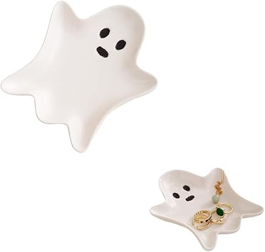 Ceramic Ghost Jewelry Tray Trinket Dish,Halloween Decoration,Gothic Style Jewelry Storage Disc,Decorative Trinket Dish for Rings Earrings Necklaces Bracelet Watch Keys