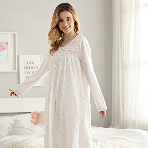 Keyocean Nightgowns for Women Plus Size, Cotton Long-Sleeve Long Soft Women Sleepwear Lounge-wear, Cream, XX-Large