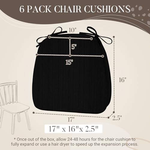 Basic Beyond Chair Cushions for Dining Chairs, D-Shaped Kitchen Chair Cushions with Ties Set of 6, 2.5" Thick Seat Cushions for Dining Room/Kitchen Chairs, 17" x 16", Black - Image 3