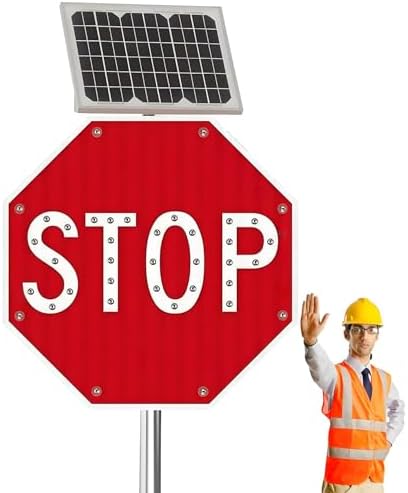 Solar-Powered LED Stop Sign - Reflective Octagonal Traffic Warning Sign, Durable Aluminum, 60x60cm (24in), Flashing Light for Enhanced Visibility and Safety