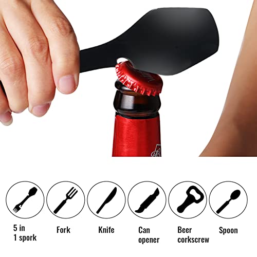 5 In 1 Camping Utensil And Cloth Napkins Combo, Multifunctional Flatware With Knife Spoon Fork Bottle Opener, Black Stainless Steel Portable Spork And Navy Blue Dinner Napkins For Hiking, Party, Bbq #TOP7