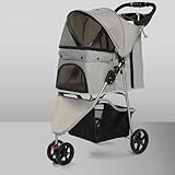 3 Wheels Pet Stroller, Pet Stroller Foldable for Small Medium Dogs Cats, Dog Carrier Trolley with Cup Holder, Storage Basket, Removable Liner and Safety Tether,Gray