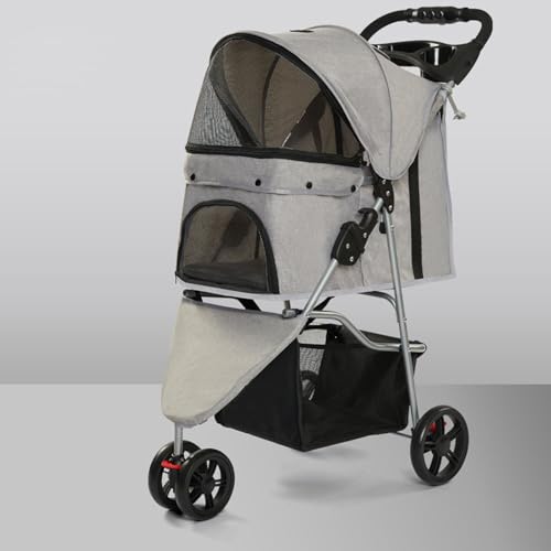 3 Wheels Pet Stroller, Pet Stroller Foldable for Small Medium Dogs Cats, Dog Carrier Trolley with Cup Holder, Storage Basket, Removable Liner and Safety Tether,Gray