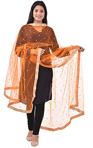 Image of YOUTHQUAKE Women's Net Embroidered Full Size Dupatta With 4 Side Golden Lace