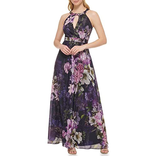 Jessica Howard Women's Petite Floral Lurex Chiffon Gown – Sleeveless Maxi Wedding Guest Dress