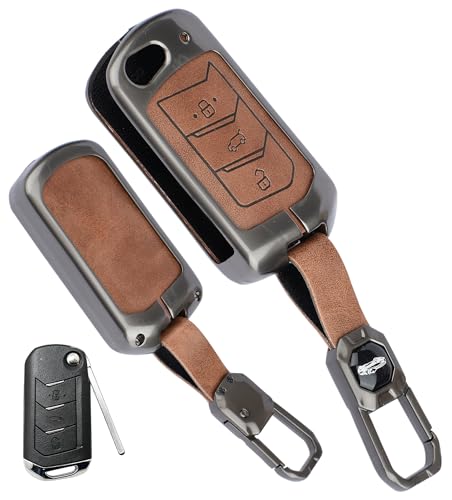 Image of Premium Metal Leather Key Cover Compatible with Mahindra Scorpio, Marazzo, Xuv 300, Xuv 700 Xuv 400 Ev, Bolero, Thar, Tuv 3 Button Flip Key Full Leather and Metal Protection with Keychain