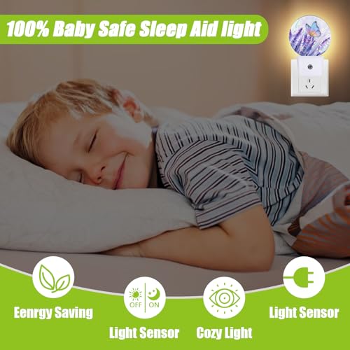 Image of Lavender Flowers Night Light,Watercolor Butterfly Night Lights Plug into Wall for Kitchens Toilets Bedroom Decorative Half Round Nightlight Led Lamp 0.5W Sleep Friendly