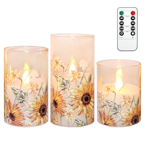 Image of Sunflower Glass Flameless Candles Battery Operated with Remote Timer Flickering LED Pillar Candles Summer Fall Decorations Gifts for Women Mothers Day Birthday Table Centerpieces, Set of 3