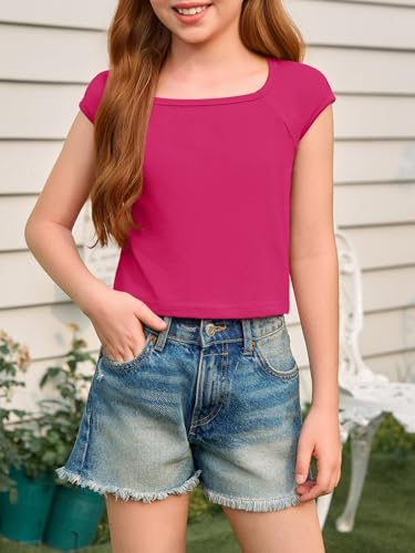 Image of Haloumoning Girls Crop Tops Summer Short Sleeve T Shirts Kids Square Neck Slim Fit Basic Tee