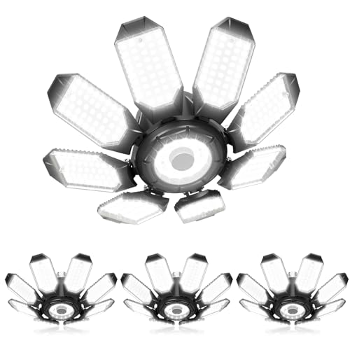 Image of Adiding LED Garage Ceiling Lights 56000Lm 4 Pack w / 8 Adjustable Panels, Super Bright Deformable Basement Lighting Fixture Screw in E26 Bulb Socket for Indoor Workshop, Attic, Storage, Bay, Home Gym