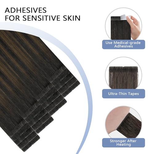 Image of COOKAYU Invisi Edge Tape in Hair Extensions Real Human Hair Seamless Injected Tape Ins 18Inch 20pcs 40g Natural Black to Medium Brown and Caramel blonde Extensions