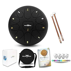 The Balmy Drum - 11 Note 10 Inch Steel Tongue Drum, Steel Drum Instrument, Drums For Adults, Balmy Drum Set for Kids with Music Book, Handpan Drum, Mallet and Carry Bag - Tongue Drum (Black)