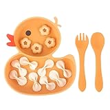 Qshare Baby Teller,Rutschfest Kinder Tischset mit Saugnäpfen,Geteilte Standfeste Babyteller Kleinkind Teller mit Löffel Gabel,BPA-Frei - Spülmaschinen und MikrowellenFest (Orange)