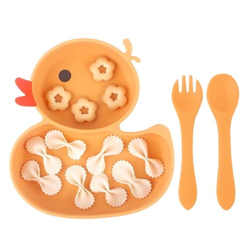 Image of Qshare Powerful Suction Plates for Baby and Toddler,Baby Divided Plate,Thanksgiving Plates with Fork and Spoon,Duck Baby Plate Non-Slip,BPA Free,Microwave & Dishwasher Safe (Orange)