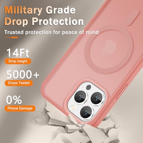 Image of YENAPOON for iPhone 14 Pro Max Case, Matte Magnetic Phone Cover [with 1 Screen Protector] [Support for MagSafe] [Shockproof Military Grade Protection] Translucent Frosted Back, Pink