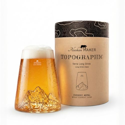 Alaskan MAKER Vetro lungo 450 ml - Borosilicato di alta qualità soffiato artigianalmente con montagne in rilievo | Cocktail, birra o soft topographic (Everest)