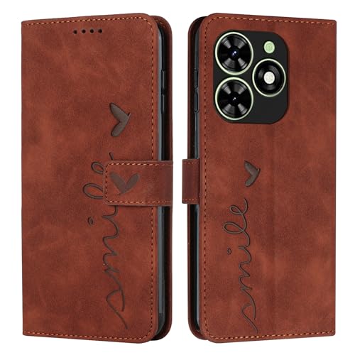 Étui Tecno Pop 8 en cuir marron avec fente carte et support portefeuille