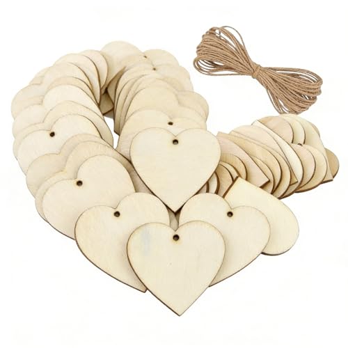 Image of 50PCS Wooden Hearts Embellishments Natural Unfinished Rustic Love Tags for Valentines Day Wedding Parties, Wood Log Slices for Garden Home DIY Art Craft Valentine'sTree Hanging Decoration-4CM