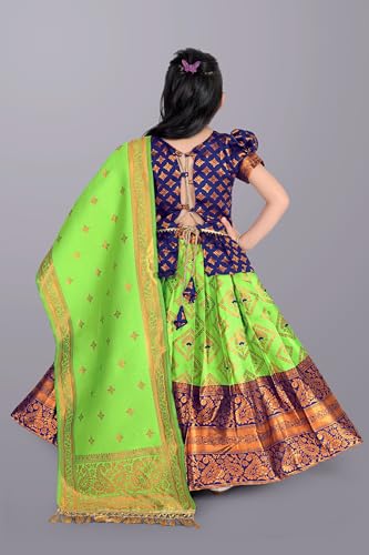 Image of Girls Pattu Pavadai Ready to Wear Lehenga, Blouse & Dupatta Set - Heavy Jacquard Fabric, Fully Stitched