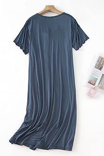 CHUNG Women Nightgown NightShirt Front Open Button Down Pajamas Nightdress Short Sleeve Sleepwear Under Knee Gown (Medium,Ink Blue)