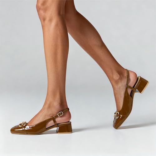 Image of Slingback Mary Jane Heels for Women Low Block Heel Closed Square Toe Pump Shoes Heels Classic Daily Office Dressy Shoes