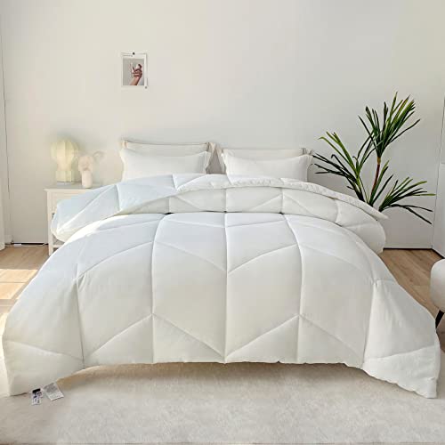 Mildly King Size Comforter Set - White Bedding Comforter Sets 100% Washed Microfiber Super Soft 3 Pcs, All Season Fluffy Lightweight Down Alternative Quilted Comforter 102X90 Inches, 2 Pillow Shams #TOP10