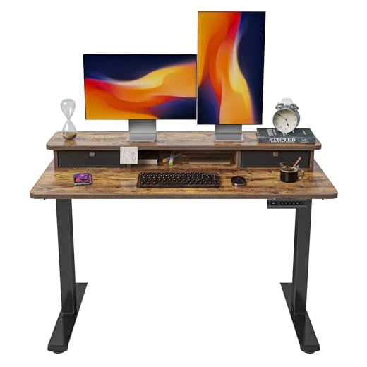 FEZIBO Standing Desk with 3 Drawers Storage Shelf, 120 * 60cm, Splice Board, White Frame/Light Walnut Top 29 FEZIBO Height Adjustable Electric Standing Desk with Double Drawer, 120 * 60cm Stand Up Table with Storage Shelf, Sit Stand Desk with Splice Board, Black Frame/Rustic Brown Top
