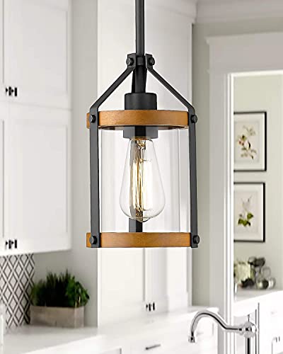 HANASS Farmhouse Wood Pendant Light, Black Glass Pendant Lighting for Kitchen Island in Walnut Wood, Length Adjustable, MD89418-QH - Image 5