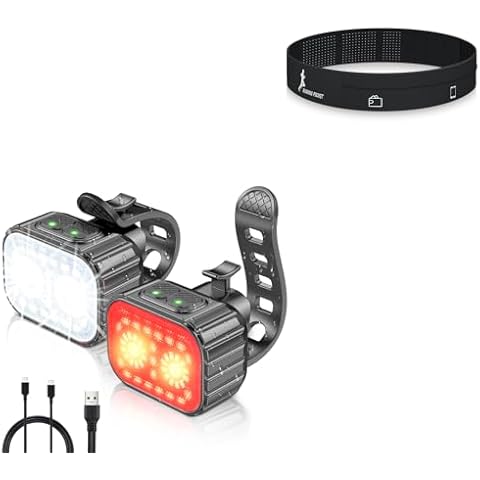 Cuvccn Q4 Bike Lights + Slim Running Belt with 3 Pockets Cover