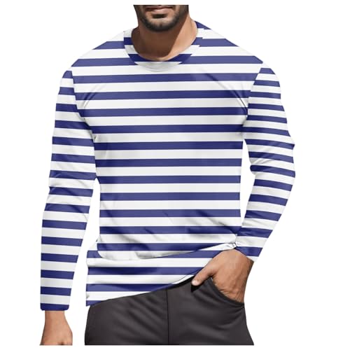 T-shirt à manches longues pour homme - Bloc de couleur européen - Rayé - Bleu marine - Col rond - Haut thème plage - Style décontracté tendance -...