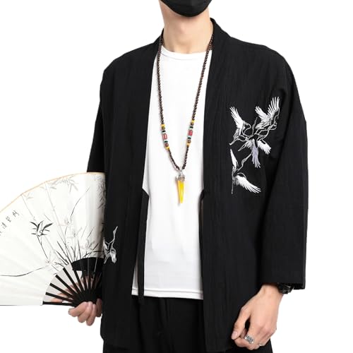 Image of Men's Japanese Kimono Cardigan Loose Cotton Linen 3 /4 Sleeve Open Front Casual Summer Shirt Jackets