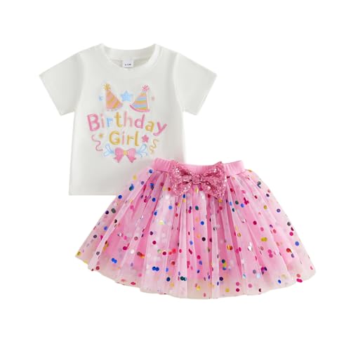 Image of JCOPLY Toddler Baby Girl Birthday Outfit Kids Girls Tshirts Tutu Skirts Set (White, 2-3T)