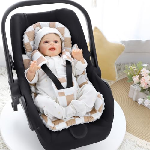 Image of DILIMI Infant Car Seat Insert, Baby Car Seat Head Support with 3 Strap Paddings, Soft Newborn Car Seat Cushion for Stroller, Swing, Bouncers, Brown Checkered