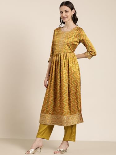 Image of SHOWOFFFF Women Printed Three-Piece A-Line Ethnic Kurta Set | Round Neck 3 /4th Sleeves Satin Kurta Set's for Womens | Mid-Rise Lime Regular Fit Calf Length Kurta Set for Women's