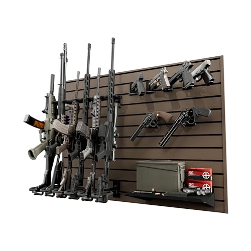 Hold Up Displays Gun Wall Mount Display, Modular Tactical Wall for 6 Pistols and 6 Rifles, Police Gear Rack and Equipment Organizer, Heavy-Duty Aluminum FDE Slatwall Gun Storage System - Hold Up Displays