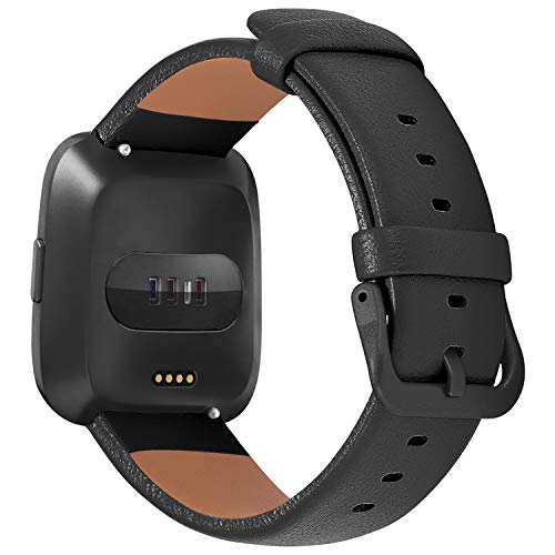 Mosstek Compatible with Fitbit Versa 2 Bands/Fitibt Versa Bands for Men Women, Soft Genuine Leather Band for Versa/Versa 2 Strap Women Men Compatible with Fitbit Versa Lite/Versa SE, Small-Black