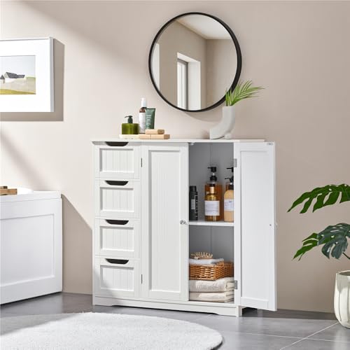 Miniatura 2 de Yaheetech Armario Baño De Suelo Mueble Baño Con 4 Cajones Mueble Auxiliar Cómoda Armario Con 2 Puertas, Estante Ajustable 81x30x83 Cm Blanco