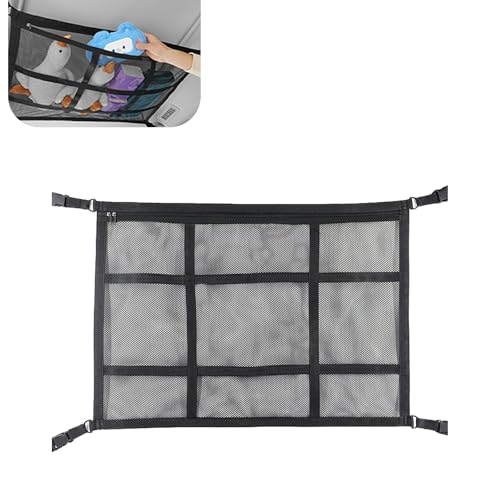 Qurbuns Upgrade Car Ceiling Cargo Net Pocket, 31.5" x 20.87" Strong Load Car Roof Storage Organizer, Double-Layer Mesh Camping Overlanding Gear Must Haves Cargo Net, Universal Road Trip Accessories