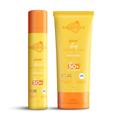 Aqualogica Glow+ Dewy Sunscreen SPF 50 PA++++ with Papaya & Vitamin C | For Oily, Combination & Dry Skin Type | UVA/B & Blue Light Protection | Fragrance-Free | For Men & Women | 50g + 80g