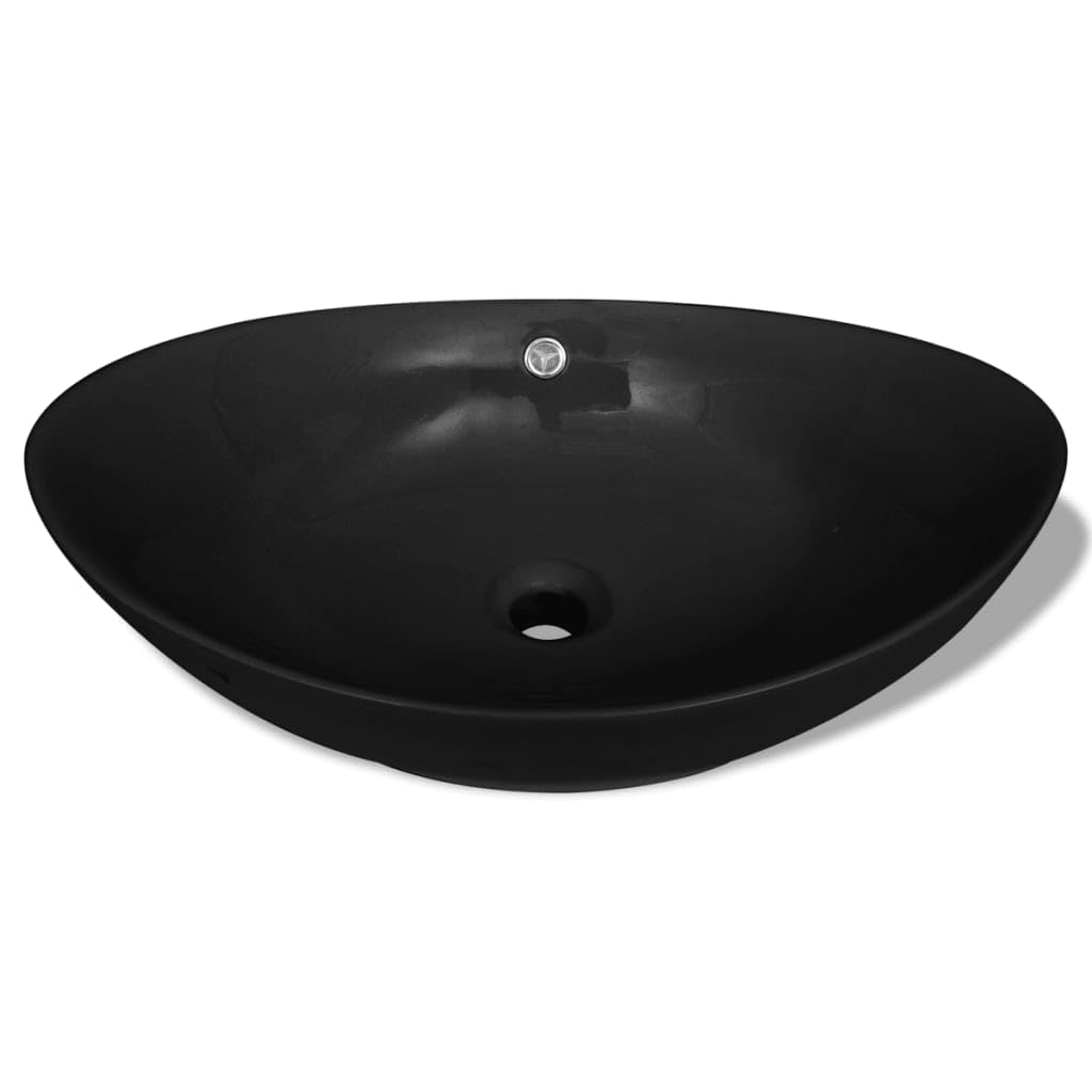 Lussuoso lavandino ovale in ceramica, nero, con troppopieno, 590 x 385 x 190 mm, per bagno e WC degli ospiti, ristrutturazione e installazione salvaspazio