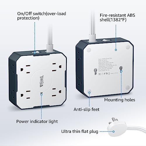 Extensión con Protector Eléctrico WEIMIL, 5 pies, 8 tomas, 3 puertos USB (1 tipo C), enchufe plano para pared miniatura 6