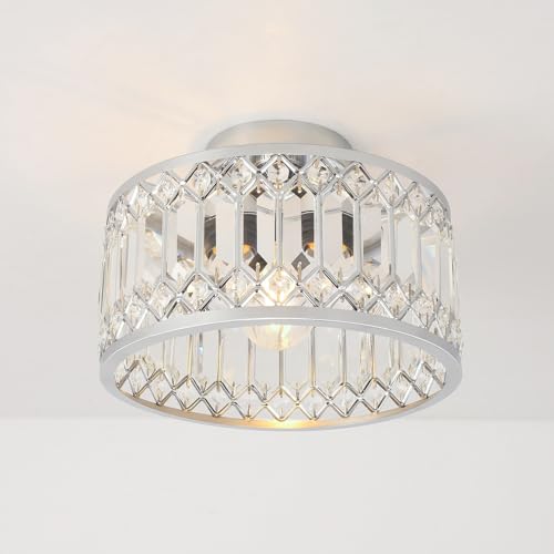 ANWIO Lampadari Cristallo Argento, Plafoniera Cristallo E27 con 1 Luce, Lampadari Soggiorno Argento Cristalli, Plafoniera Vetro Soffitto per Sala da Pranzo, Cucina, Camera, 27 CM (Senza Lampadine)